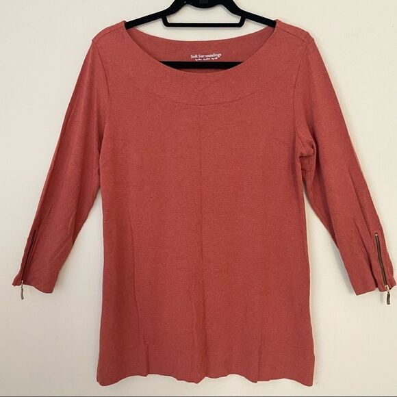 SOFT SURROUNDINGS LONG SLEEVED BOAT NECK‎ TUNIC BLOUSE ZIPPED CUFFS ORANGE sz M - Picture 1 of 8
